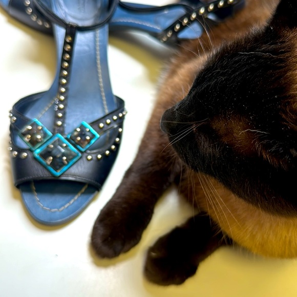 Miu Miu Italy Denim Blue Silver Studded Lapis Jewel Chrome Kitten heel Sandals - Picture 5 of 9
